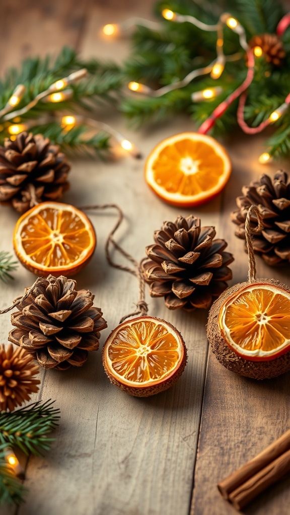 Natural Christmas ornaments made from pinecones, dried fruits, and twigs on a wooden table with evergreen sprigs.